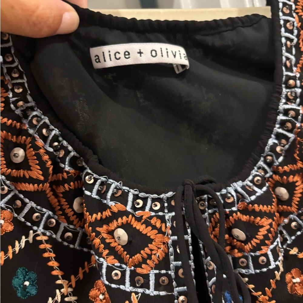 Alice + Olivia Black Top with Colorful Embroidery